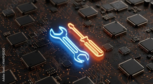 Digital repair icons over circuit board with microchips and glowing lines