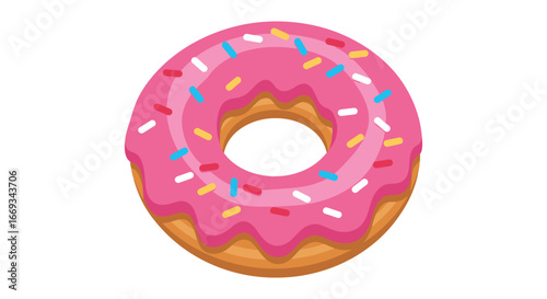 A pink frosted donut with colorful sprinkles on a white background
