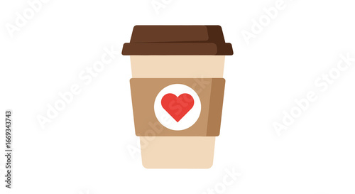 A brown disposable coffee cup with a red heart on the sleeve