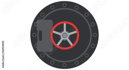 A black safe with a red circle around the combination wheel