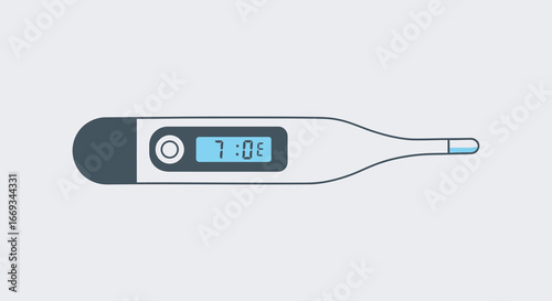 Digital thermometer with blue screen and black and white body