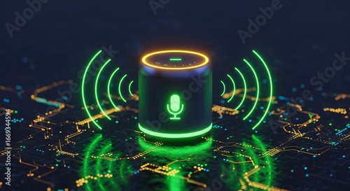 Smart speaker receives voice commands on glowing circuit board