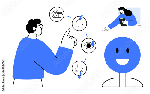 Individual points at sensory-related icons visualizing perception. Large smiling face and a presenter explaining material. Ideal for education, communication, sensory learning, presentation