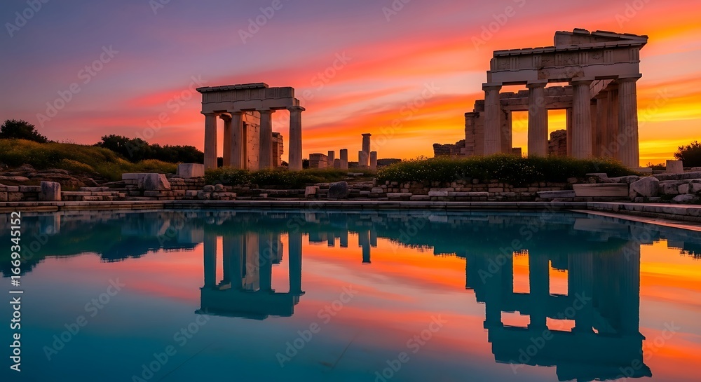 Fototapeta premium Ancient ruins reflected in a tranquil pool at sunrise.