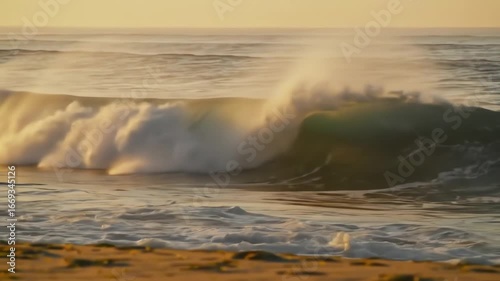 Ocean wave crashing on the shore at sunrise, 4k video footage; dramatic, warm-toned close-up showcasing powerful water texture against a sandy beach background.