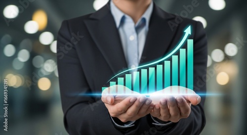 Business growth visualized with upward trend graph held by hands