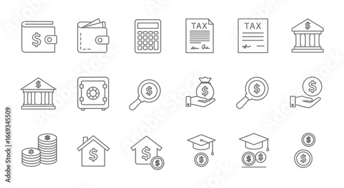 Financial icons and symbols for banking money and education