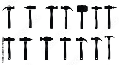 Collection of various hammer tools in silhouette on white background