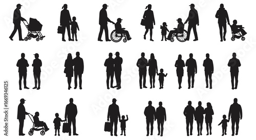 Black silhouettes of people in various family and social situations together