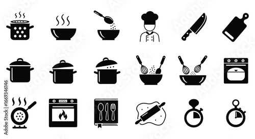 Black and white kitchen cooking icons set with utensils and appliances