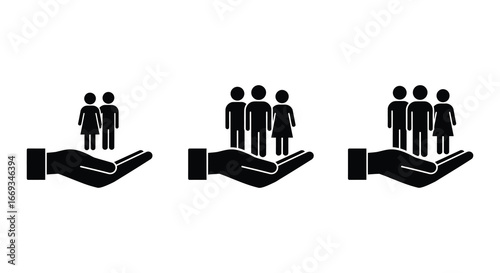 Hands supporting growing diverse groups of people standing together