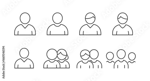 Simple line icons of people and groups in various configurations
