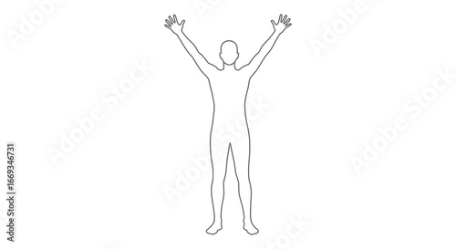 A person standing with arms raised in a simple line drawing style