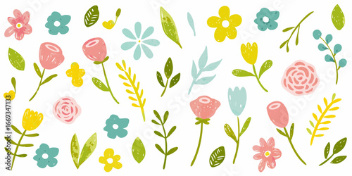 Assorted Hand Painted Watercolor Flowers and Leaves in Pastel Colors floral nature