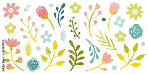 Hand Painted Floral Elements and Botanical Illustrations in Soft Hues flowers leaves