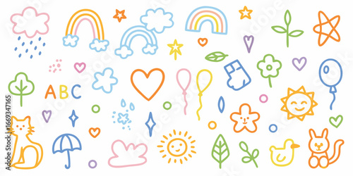 Colorful Hand Drawn Doodle Elements for Childrens Designs on White Background kids