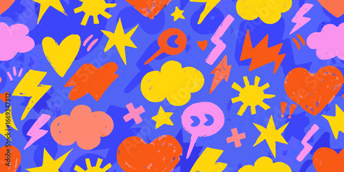 Vibrant Retro Pattern with Hand Drawn Hearts Lightning Bolts and Clouds abstract