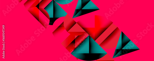 Abstract geometric shapes dominate composition. Red, teal hues create dynamic contrast against pink background. Modern design elements present.