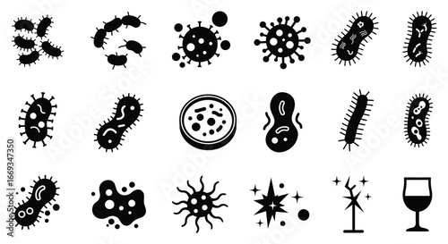 Collection of various bacteria and germs in black vector icons on white background
