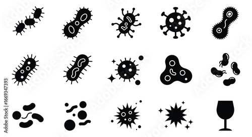 Collection of various bacteria and virus icons in black silhouette on white background