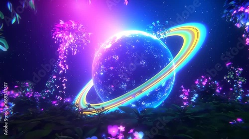Neon planet with glowing flowers and trees in a fantasy landscape