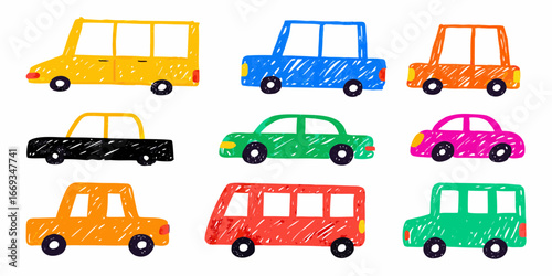 Collection of nine colorful hand drawn cars and a bus on white background vehicles