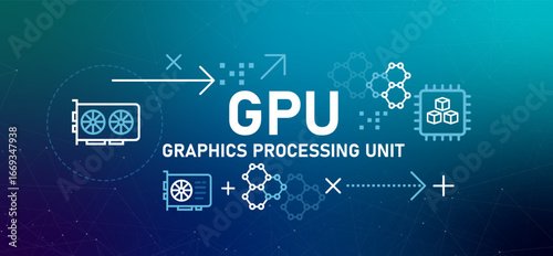 Graphics Processing Unit GPU illustration with icons microchip hardware accelerating the processing of parallel tasks for machine learning gaming and complex data visualization