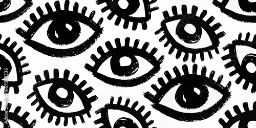 Black and white abstract pattern of stylized eyes with bold brush strokes vector