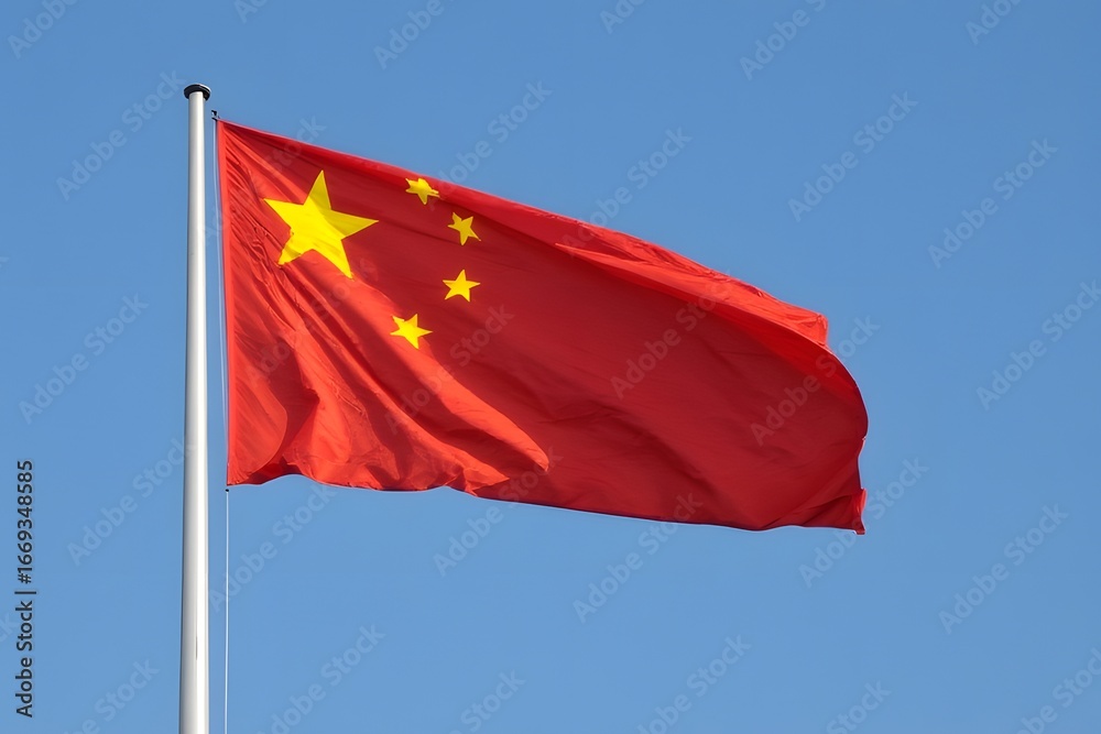 Naklejka premium Chinese flag waving proudly against a clear blue sky, representing national pride and freedom.