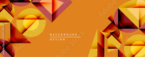 Abstract geometric composition. Warm orange hues dominate design, featuring triangles, circles. Modern aesthetic, suitable for backgrounds, presentations. Minimalist style, vibrant colors.