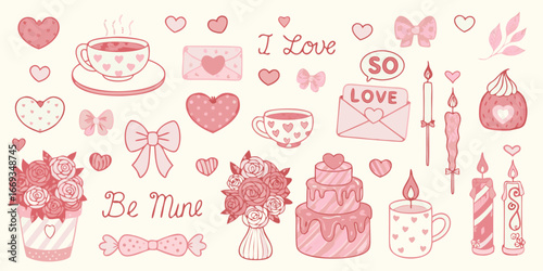 Romantic Pink Illustrations for Valentine's Day with Cakes and Flowers love heart