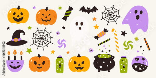 Assortment of Cute Halloween Icons With Pumpkins Ghosts And Candy holiday spooky