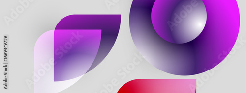 Abstract shapes overlap, creating vibrant purple, red gradients. Minimalist design with smooth transitions, modern aesthetic.