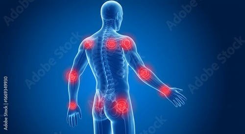 3d human body anatomy showing joint pain and inflammation red spots