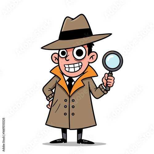 Playful cartoon detective with a wide smile and magnifying glass, dressed in a brown trench coat and fedora, striking a confident investigative pose.