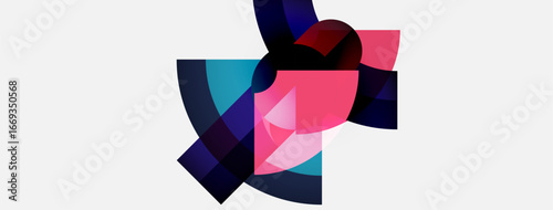 Abstract geometric shapes overlap, creating vibrant color blends. Composition features pinks, blues, purples against white background. Modern design.