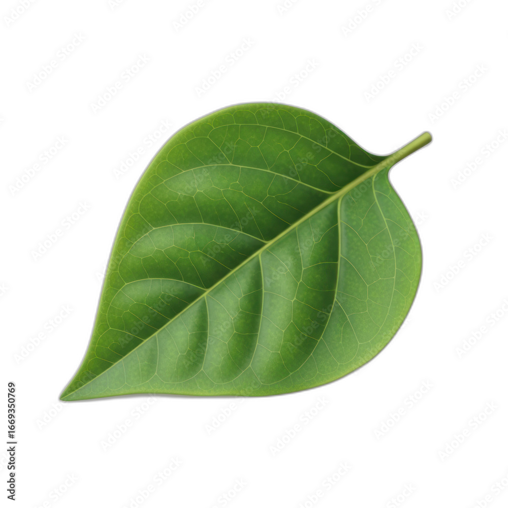 Fototapeta premium A single green leaf with detailed veins, isolated on a white background.