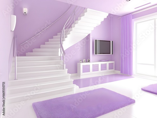 Modern Purple Interior Design White Staircase Living Room