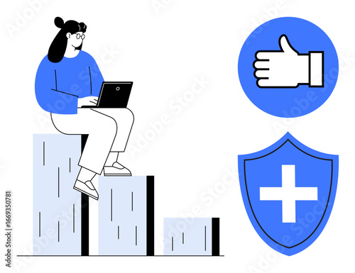 Woman on laptop seated atop a bar graph, representing growth or progress, alongside a thumbs-up symbol and shield with cross for health or safety. Ideal for productivity, health, security