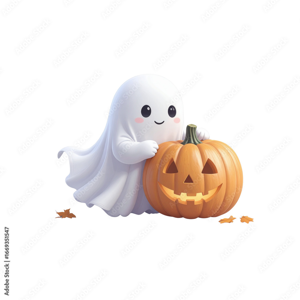 Fototapeta premium Ghost plush hugging a little pumpkin, kawaii 3D style, white background