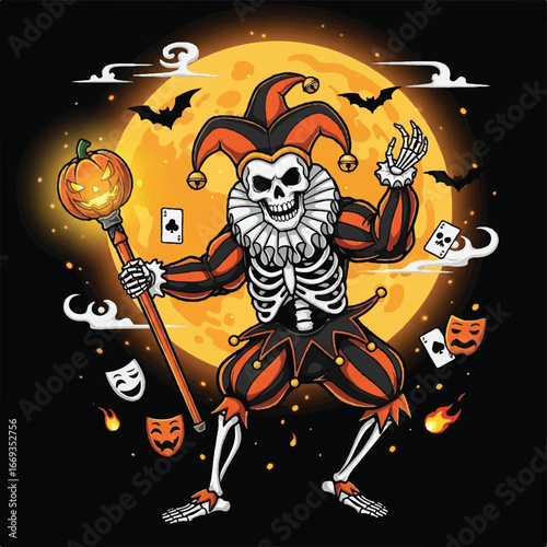 A spooky skeleton jester in a harlequin costume holds a jack-o'-lantern staff in front of a full moon with bats.