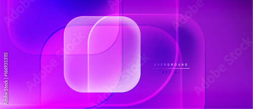 Vibrant purple background features layered translucent squares, curves. Modern design evokes energy, fluidity, sophistication. Minimal text present.