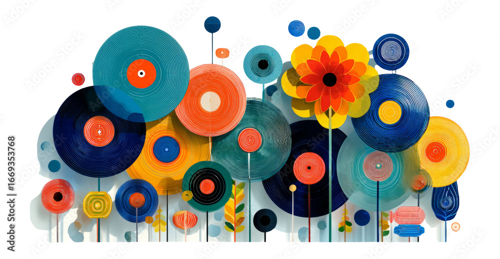 Obraz premium Vivid Abstract Floral Design with Circular Shapes on Transparent Background