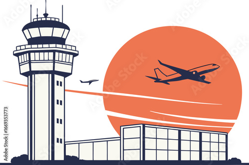 An intricate vector illustration of an airport control tower guiding various aircraft in a clear sky, symbolizing the complex world of air travel and transportation