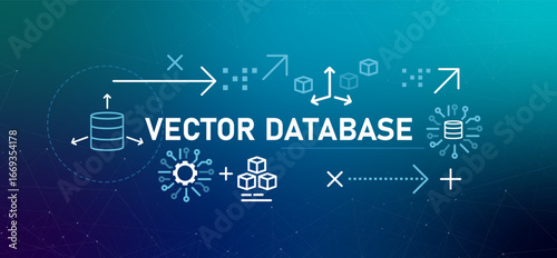 Vector Database graphic banner illustration interconnected cubes with directional arrows specialized database type used to store and query data points as vectors crucial for semantic search and AI