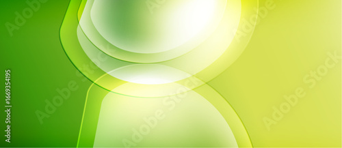 Abstract green design features layered, translucent circles. Light radiates from center, creating soft gradients. Smooth shapes suggest movement.