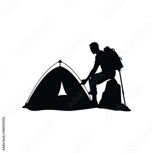 Silhouette of a man setting up a tent in a mountainous area, climber camping at base illustration silhouette