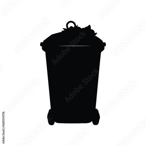 Silhouette of full trash can with wheels, garbage, and a handle, compost bin illustration silhouette