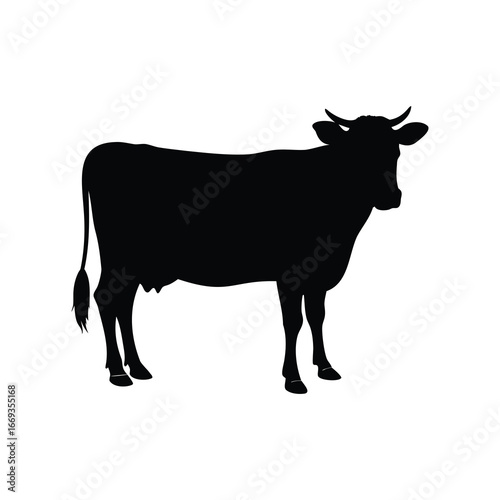 Silhouette of a Domestic Cow Standing on White Background Illustration Artwork, cow illustration silhouette