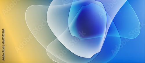 Abstract fluid shapes blend, creating vibrant color gradients. Yellow transitions into blue, suggesting movement, depth. Soft lighting enhances visual appeal.